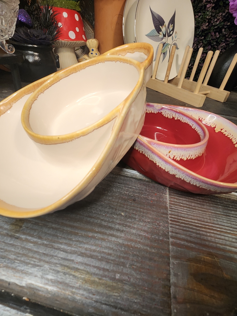 Salsa Dip Cermic Bowls Set Of 2, Tan & Red